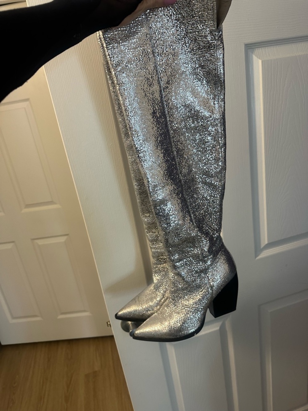 All Saints Metallic Silver Leather Over-the-Knee Boots - Picture 3 of 4